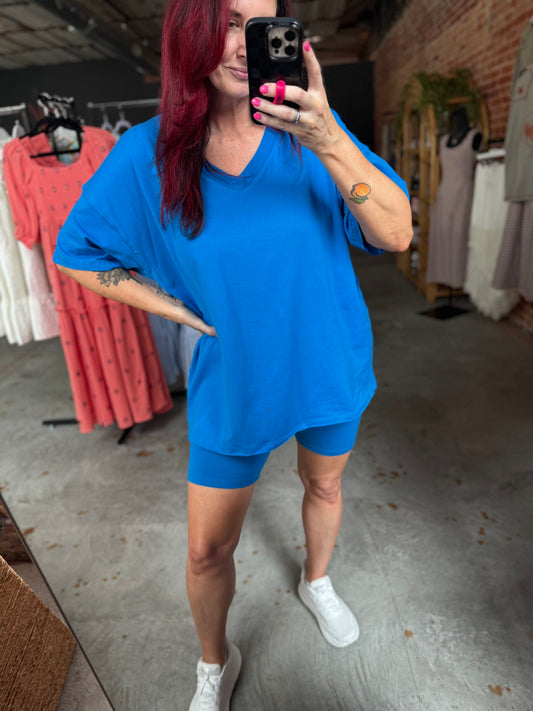 Cotton V Neck Biker Short Set - Ocean Blue