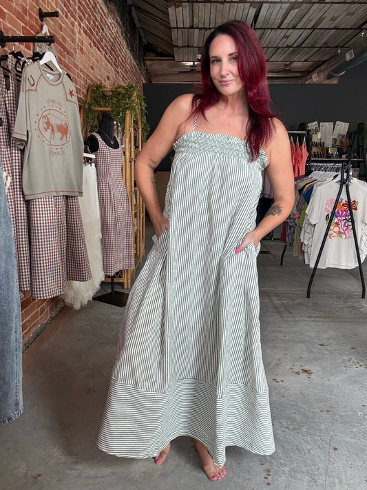Embroidered Smocked Striped Tunic Maxi Dress