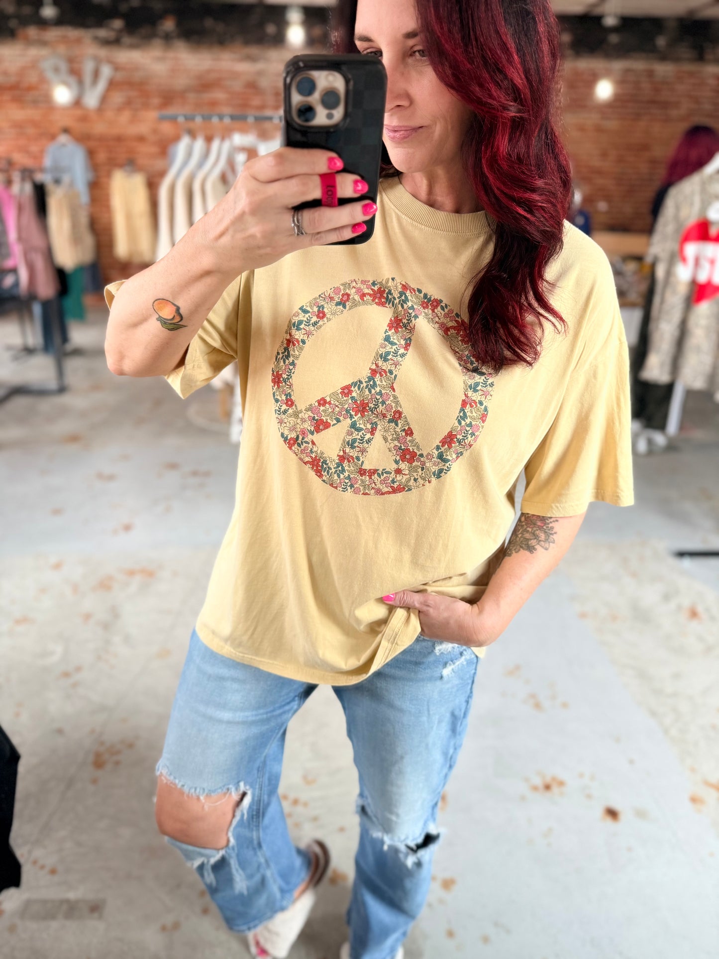 Peace Sign Oversized Tee - Yellow