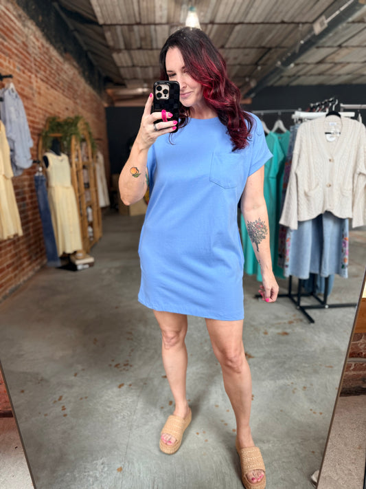 Rolled Sleeve Pocket Dress - Periwinkle