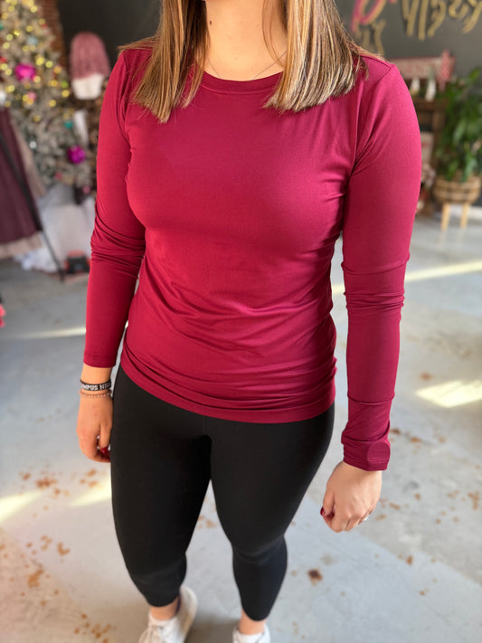 Basic Round Neck Long Sleeve Top - Burgundy