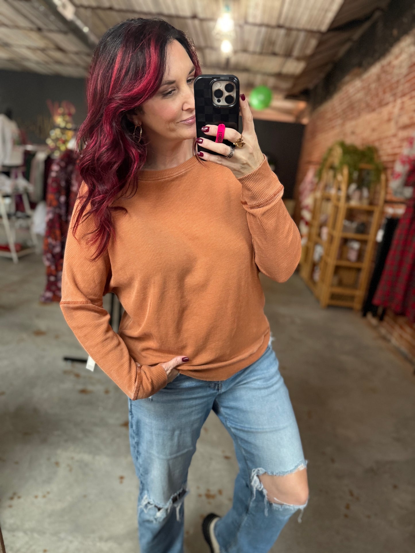 Waffle Ribbed Pullover - Amber