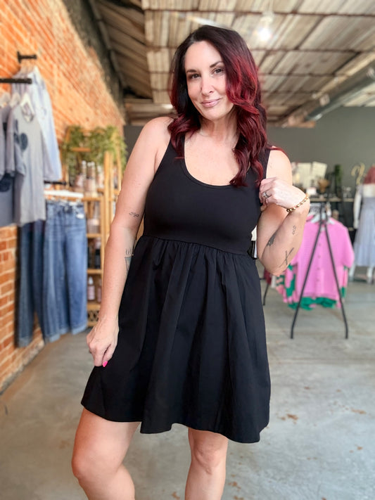 Sleeveless Mixed Fabric Dress - Black