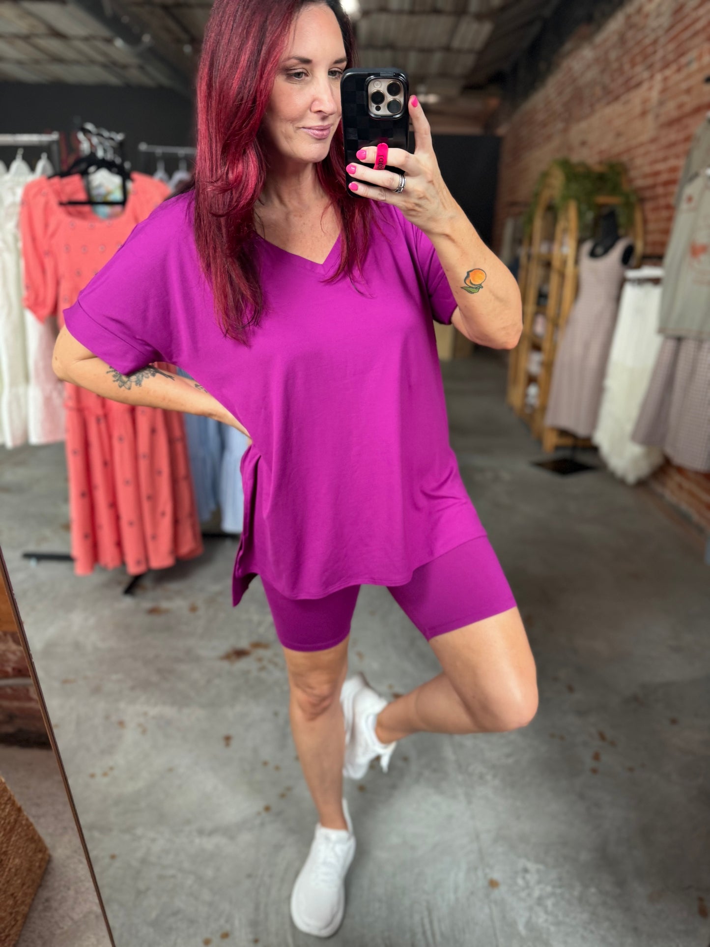 Brushed Biker Short Set - Plum