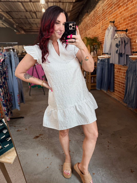 White Ruffled V Neck Dress