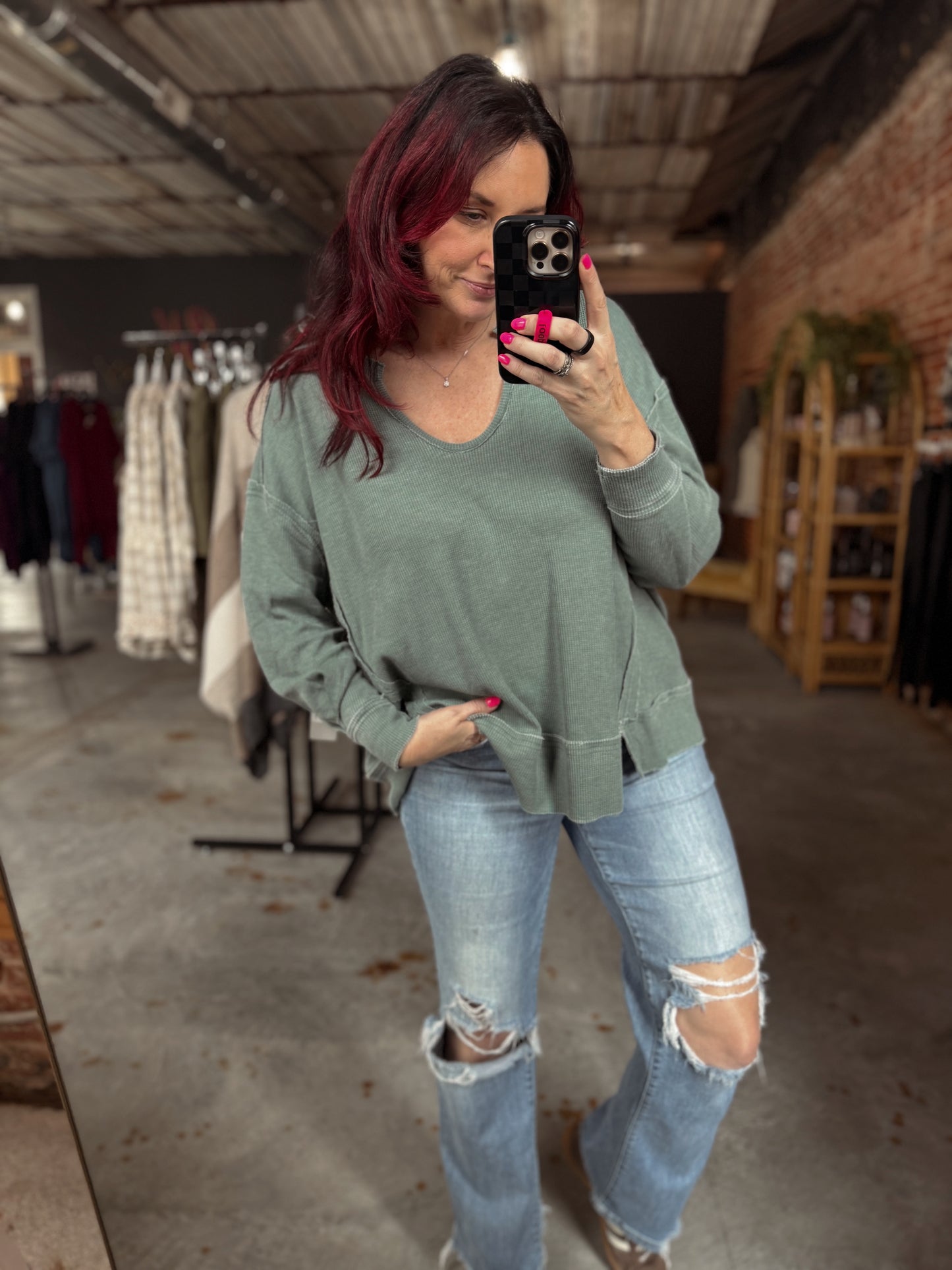 Oversized Waffle Top - Pine