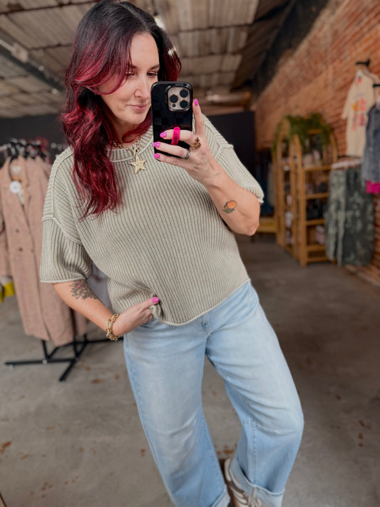 Washed Boxy Knit Top - Light Olive