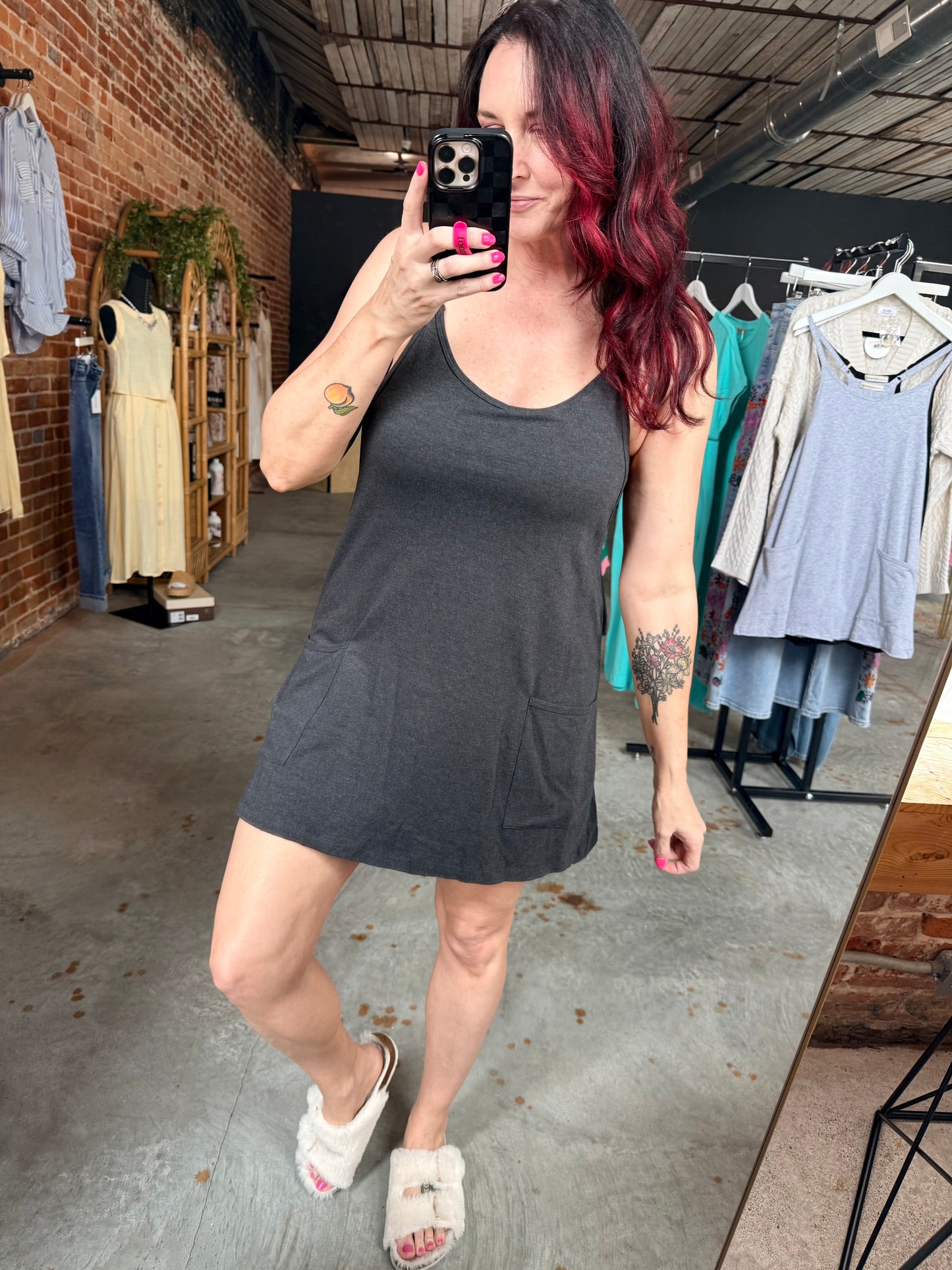 Mini Dress with Built in Romper - Charcoal