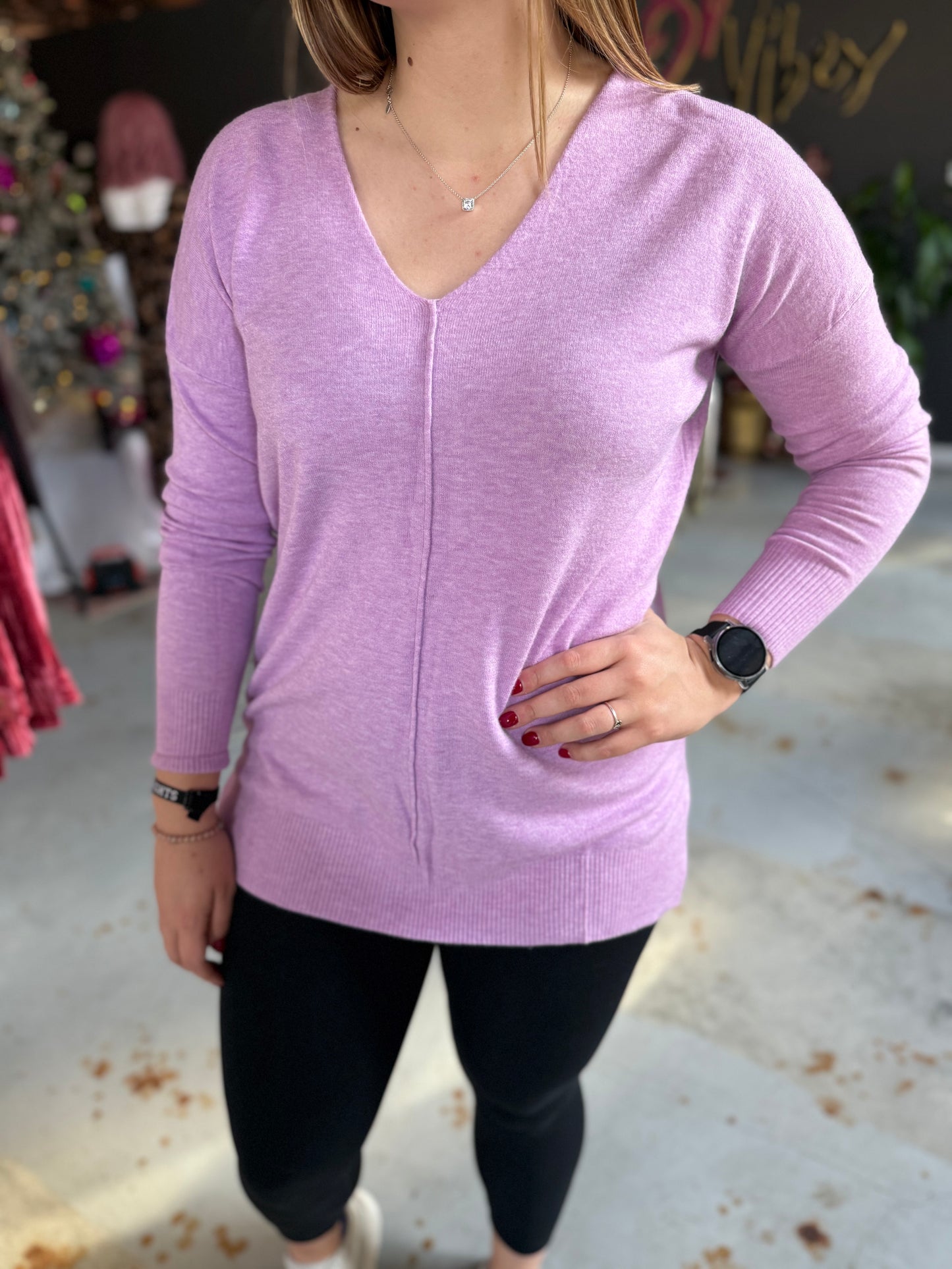 V-Neck Basic Sweater - Lt Plum