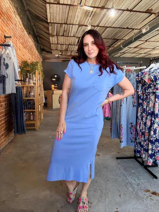 Short Sleeve Pocket Midi Dress - Blue