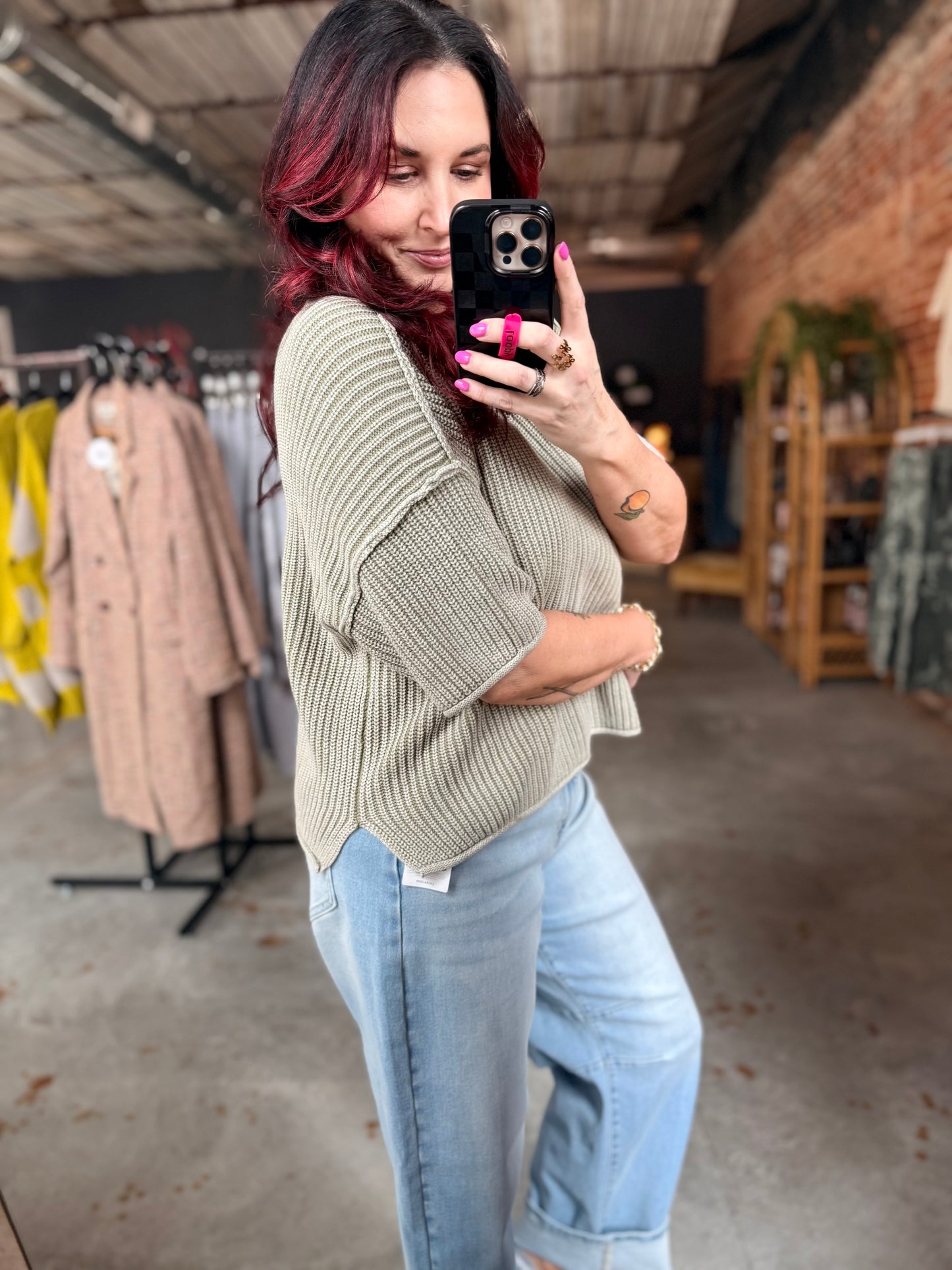 Washed Boxy Knit Top - Light Olive