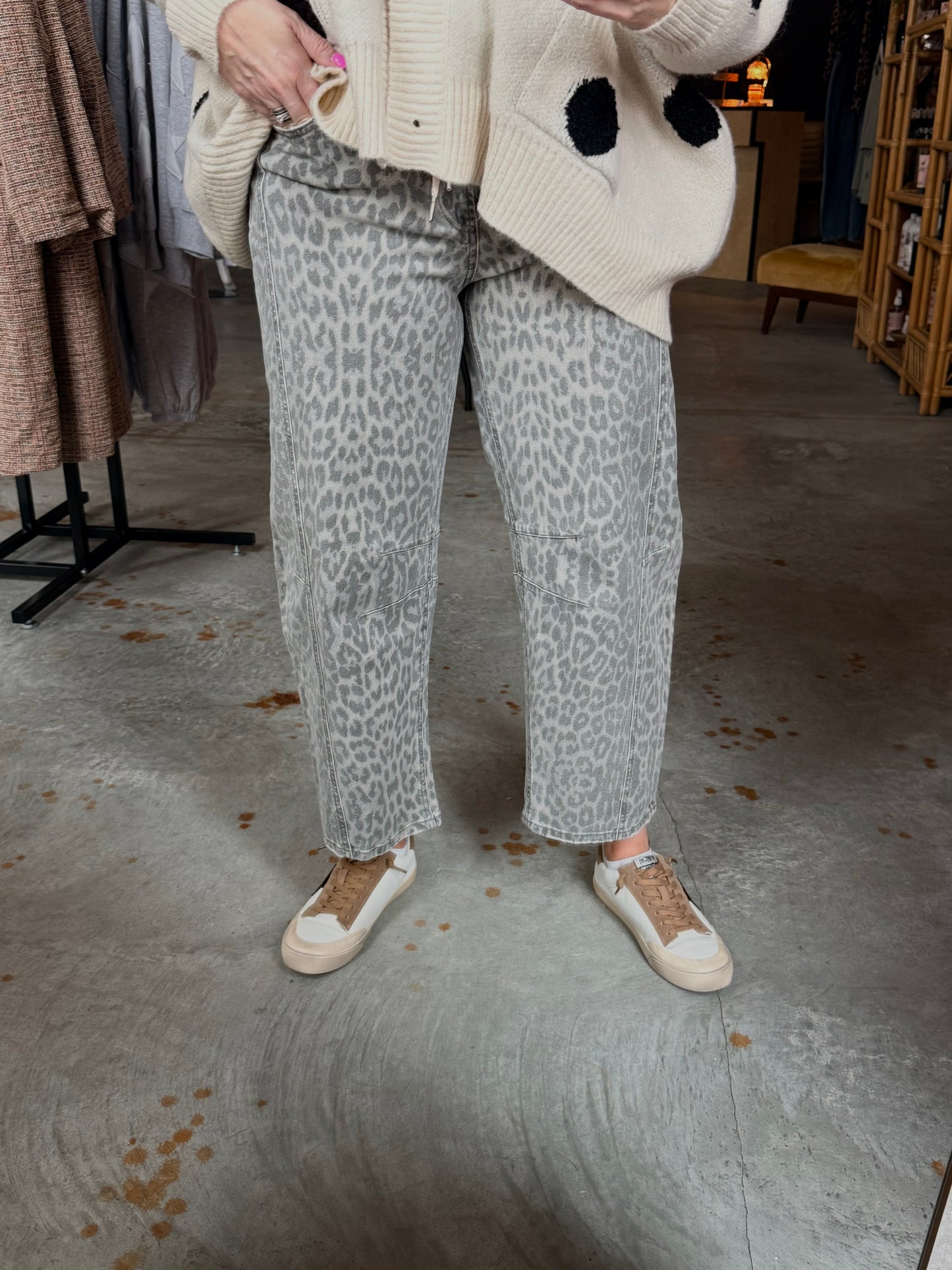 High Rise Drawstring Leopard Barrel Jeans