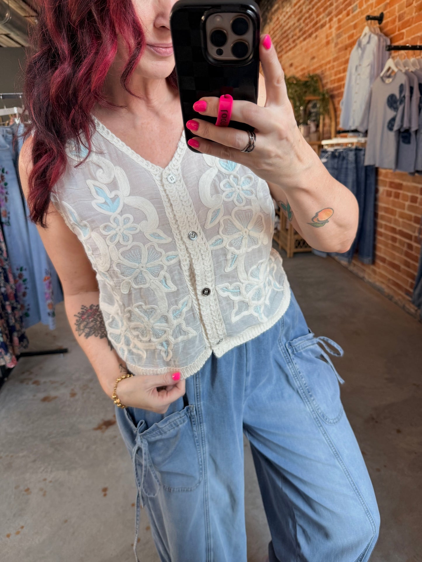 POL Embroidered Vest - Natural/Blue