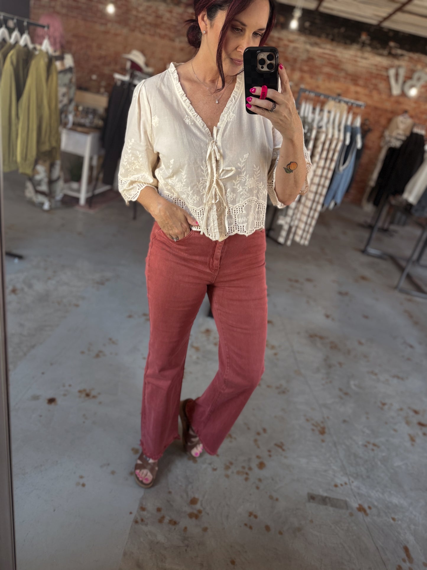 Acid washed frayed cutoff hem straight wide pants