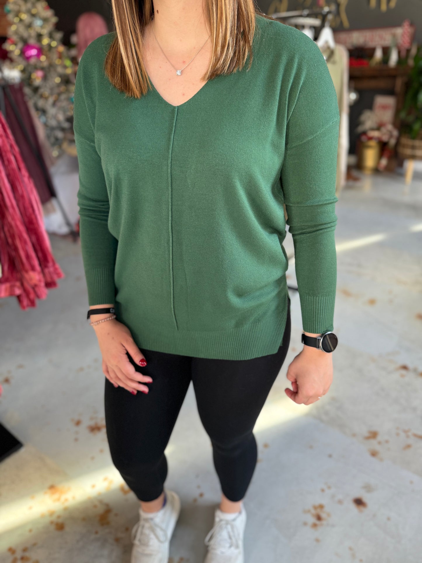 V-Neck Basic Sweater - Dark Green