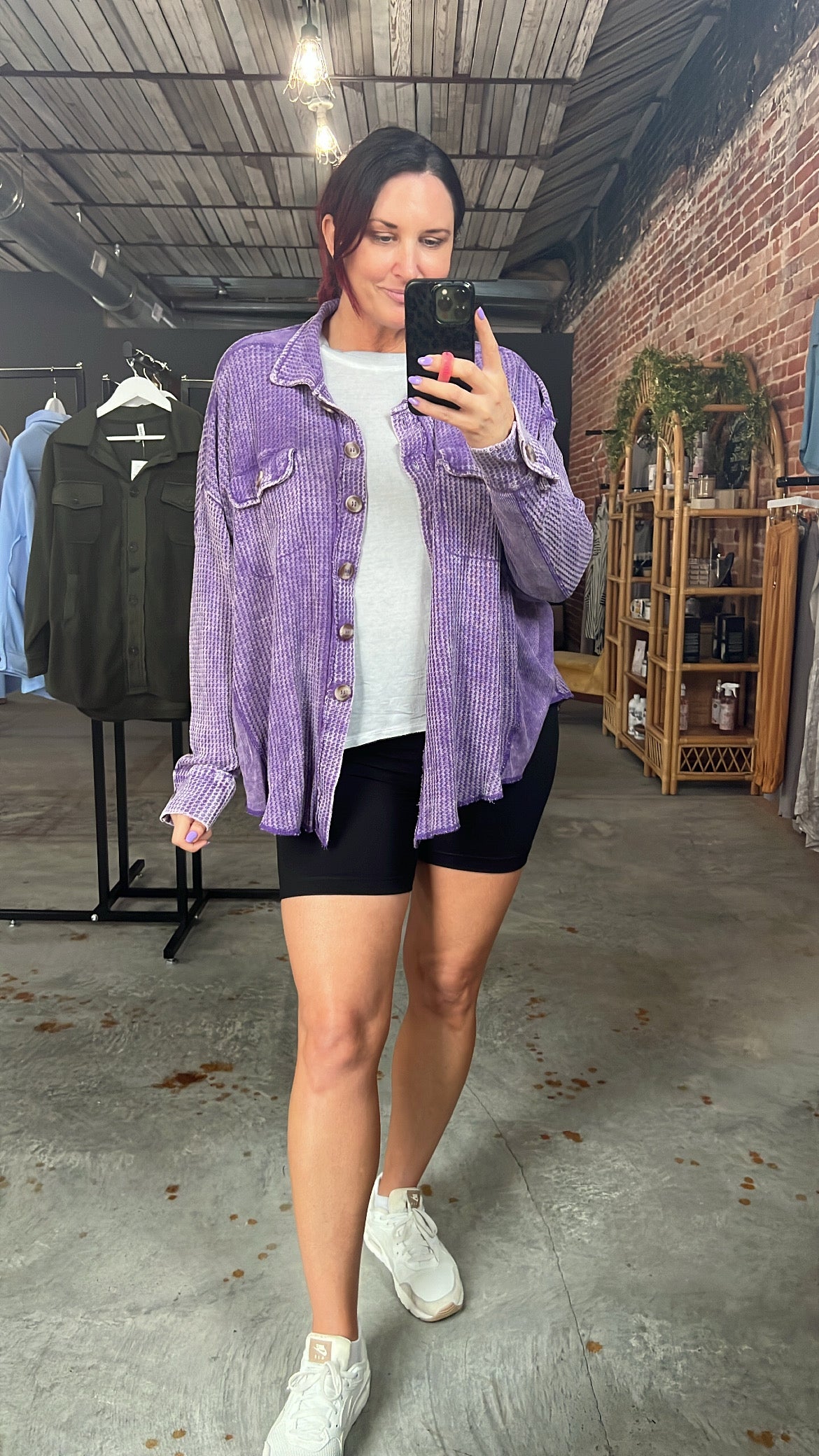 Acid Wash Waffle Shacket - Purple