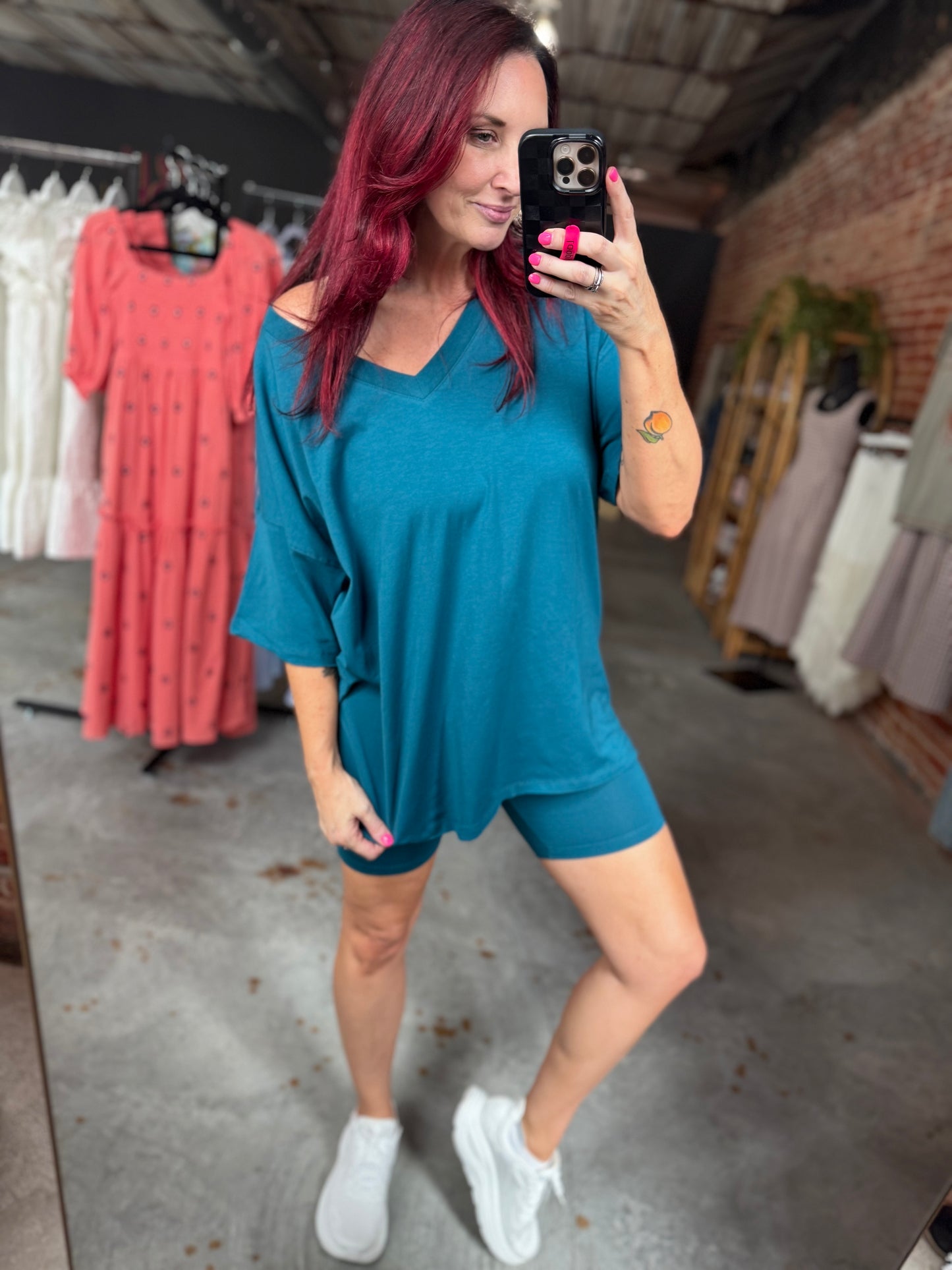 Cotton V Neck Biker Short Set - Teal