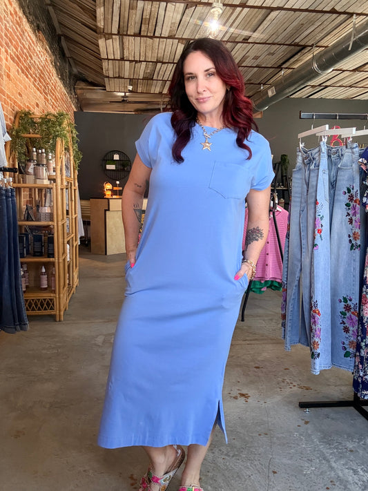 Short Sleeve Pocket Midi Dress - Blue