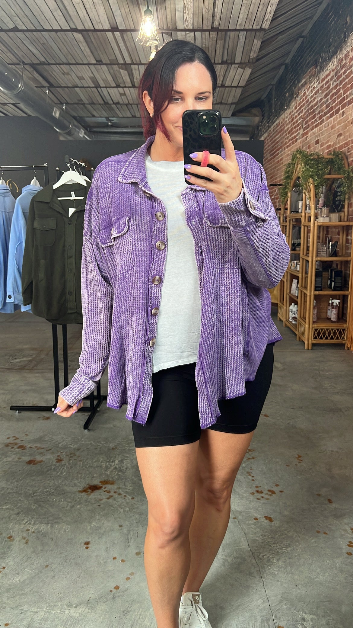 Acid Wash Waffle Shacket - Purple