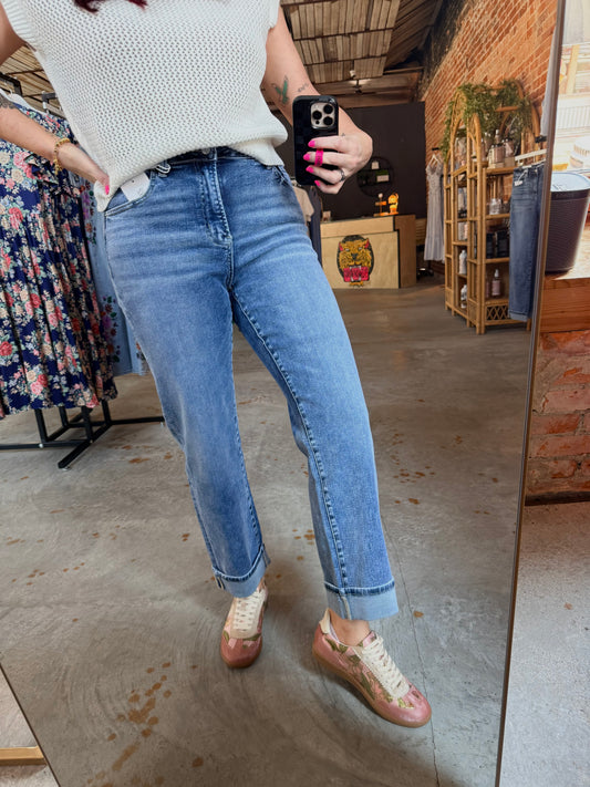 Cuffed straight denim pants