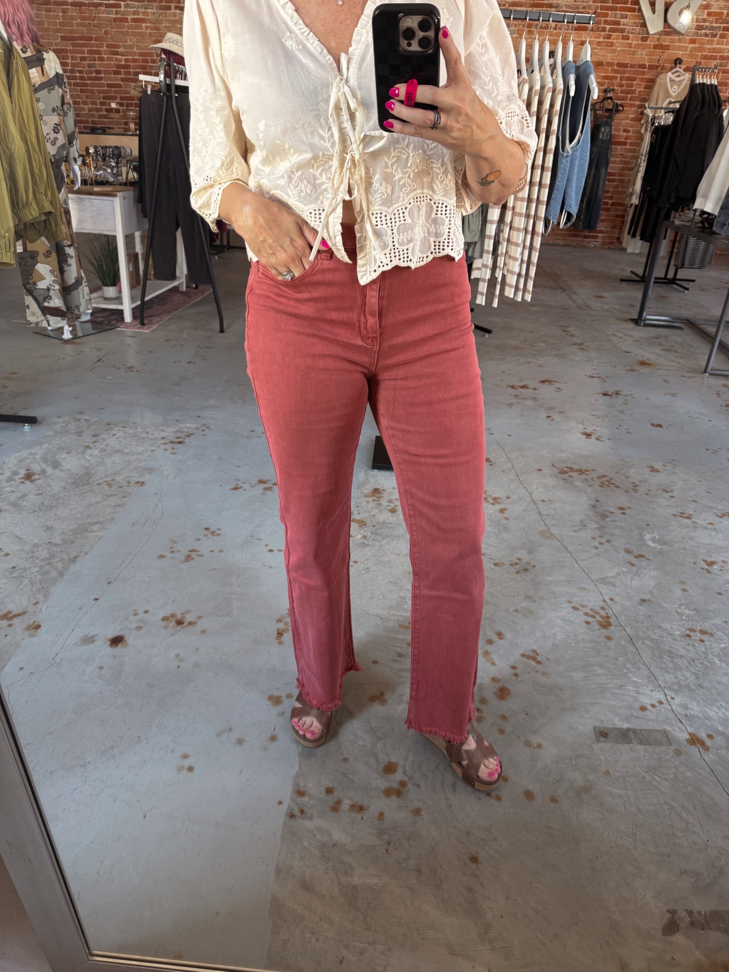 Acid washed frayed cutoff hem straight wide pants