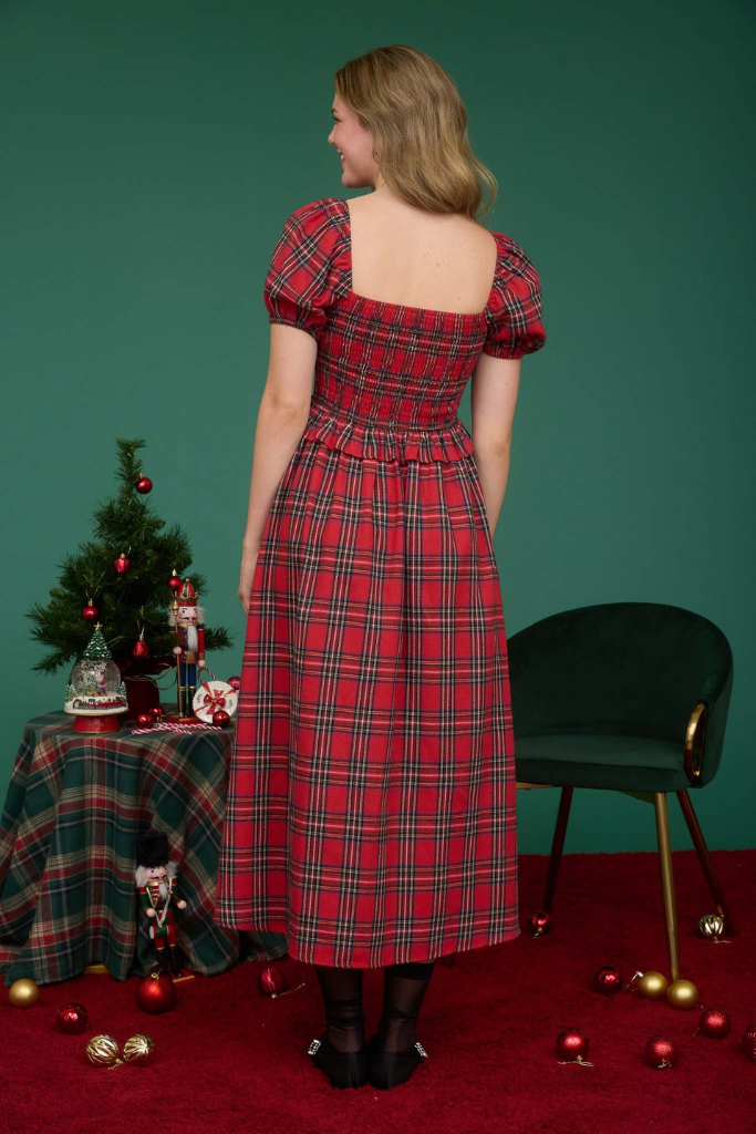 Plaid Velvet Trim Midi Dress