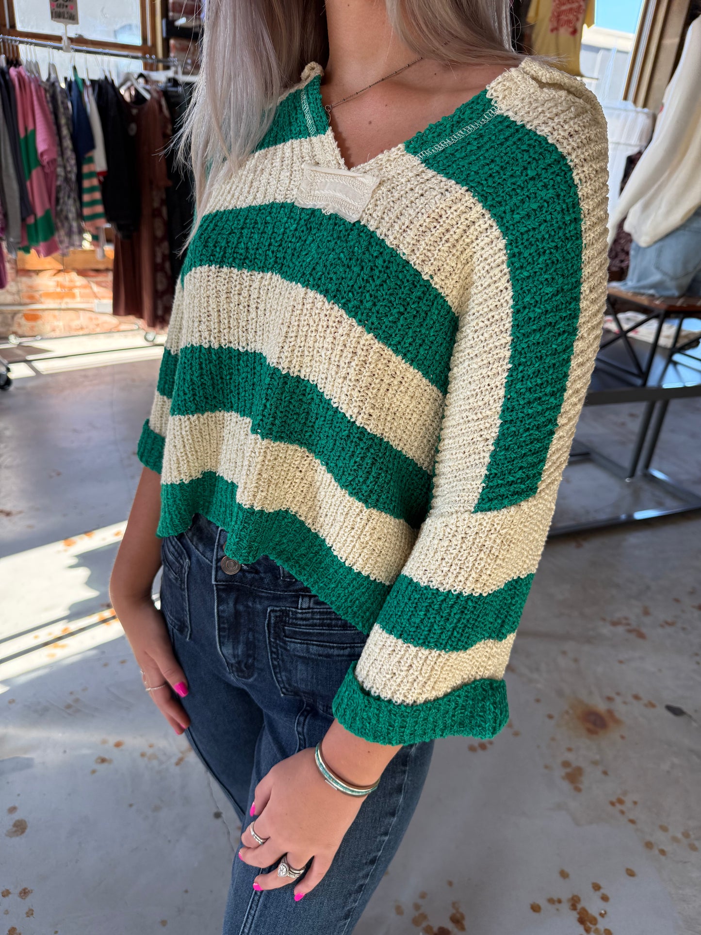 Split Neck Stripe Sweater - Green