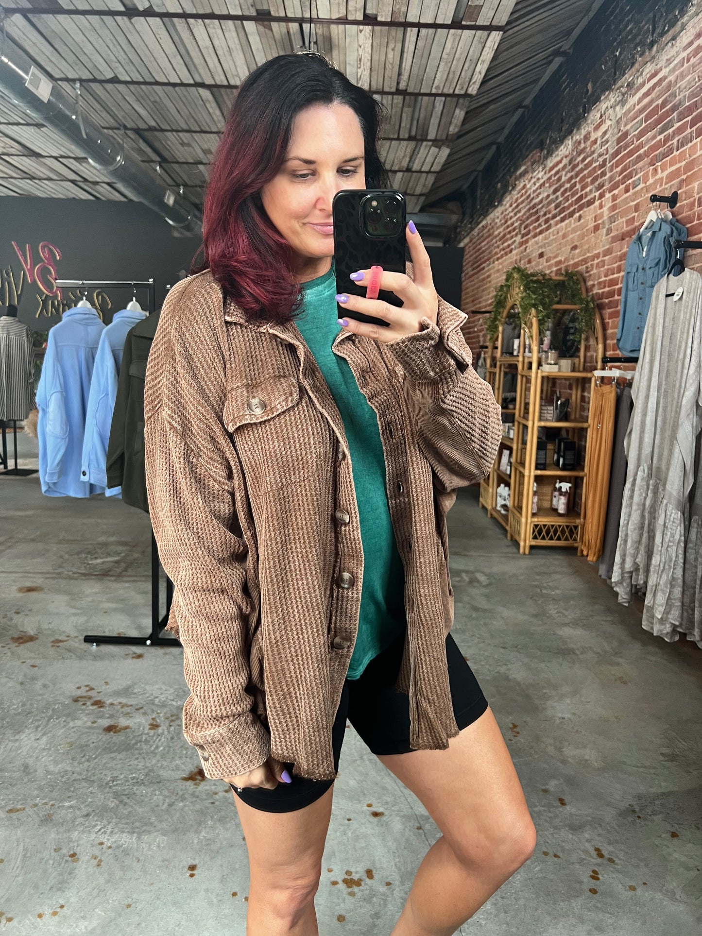 Acid Wash Waffle Shacket - Camel