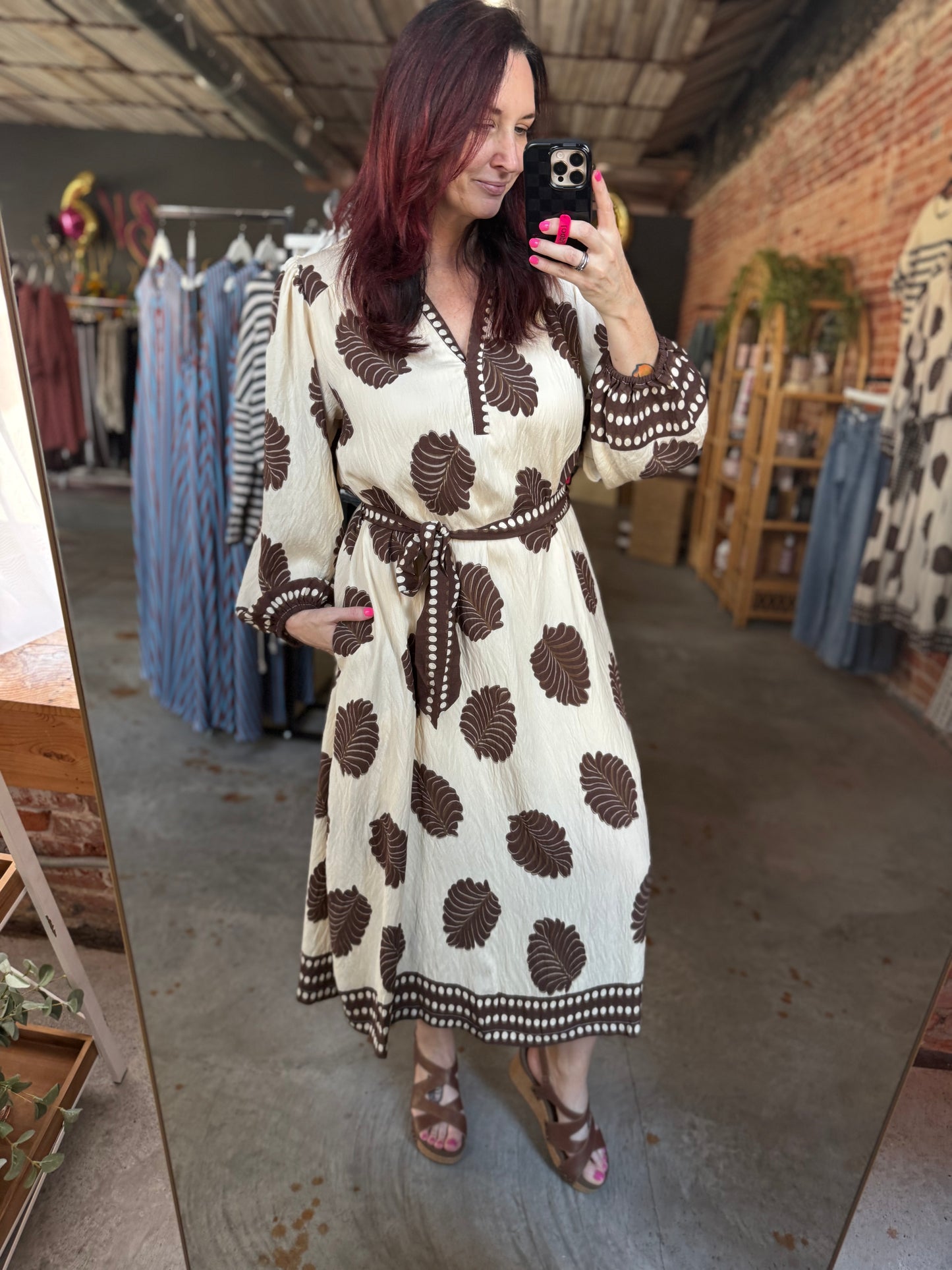 Leaf Print Belted Midi Dress