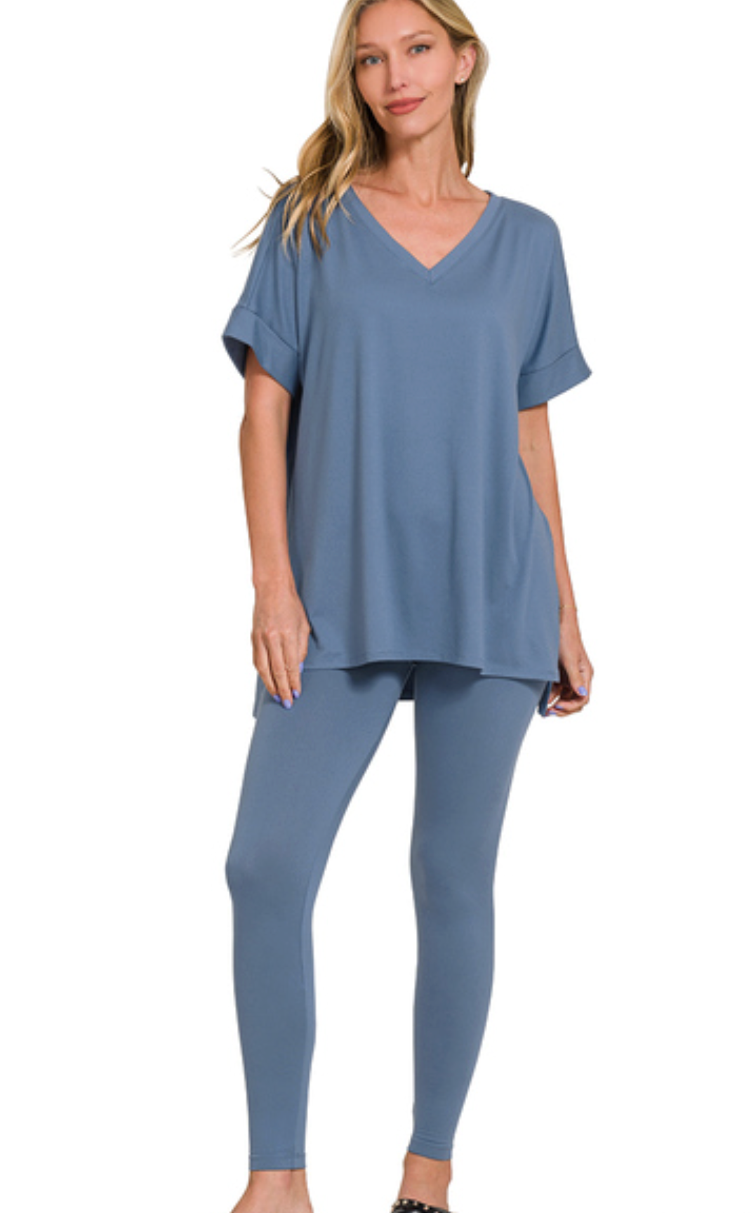Loungewear Short Sleeve Legging Set - Dusty Blue