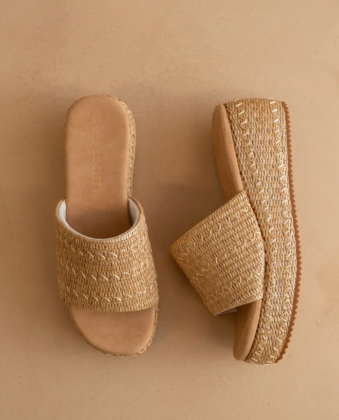 The Taniya | Toffee Embroidered Raffia Platform Slide