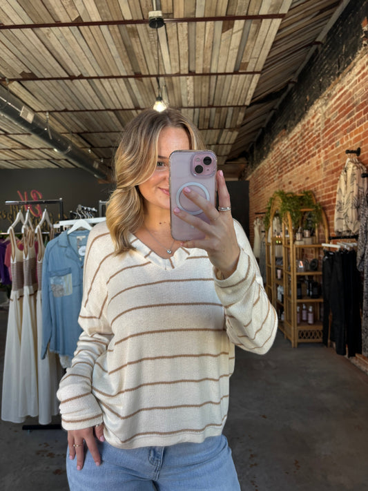 Striped V Neck Top - Cream