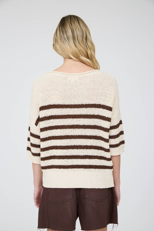 STRIPE TEXTURED KNIT HALF SLEEVE KNIT SWEATER (PRE-ORDER): CHOCOLATE BROWN