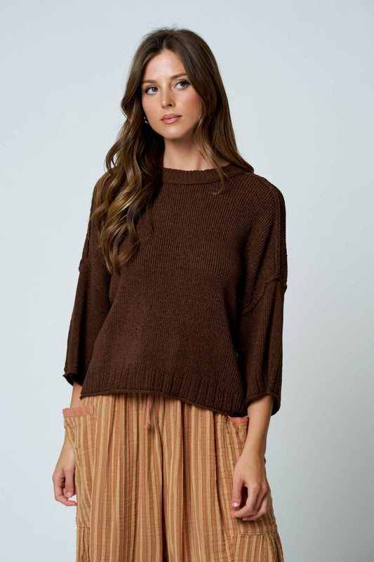 CREW NECK DROP SHOULDER RAW EDGE KNIT TOP: CHOCOLATE BROWN