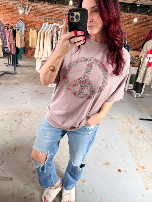 Peace Sign Oversized Tee - Purple Taupe
