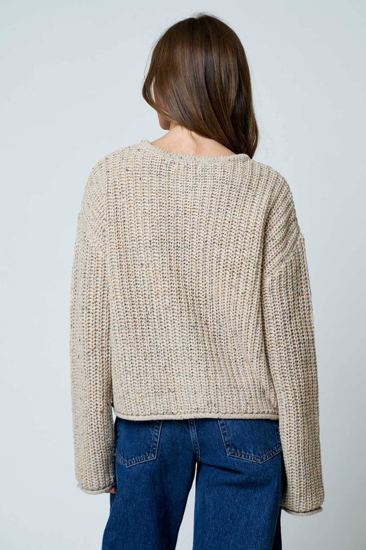 MARLED BUTTON DOWN  RAW EDGE CHUNKY KNIT CARDIGAN: LIGHT KHAKI