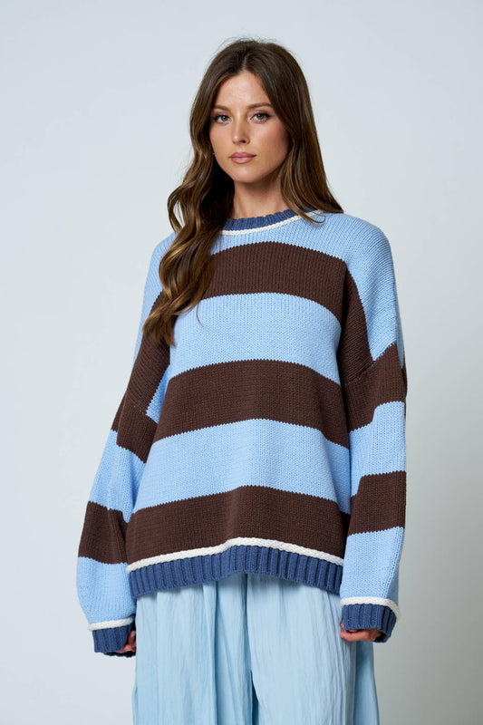 OVERSIZED STRIPE CREW NECK LONG SLEEVE SWEATER: BLUE
