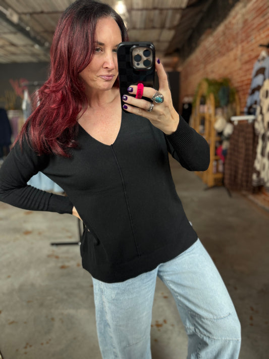 V-Neck Basic Sweater - Black