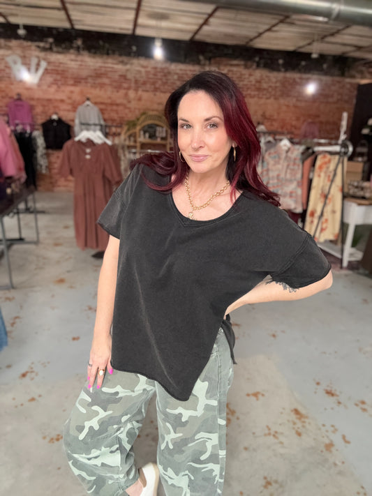 Joey V Neck Boyfriend Tee - Black