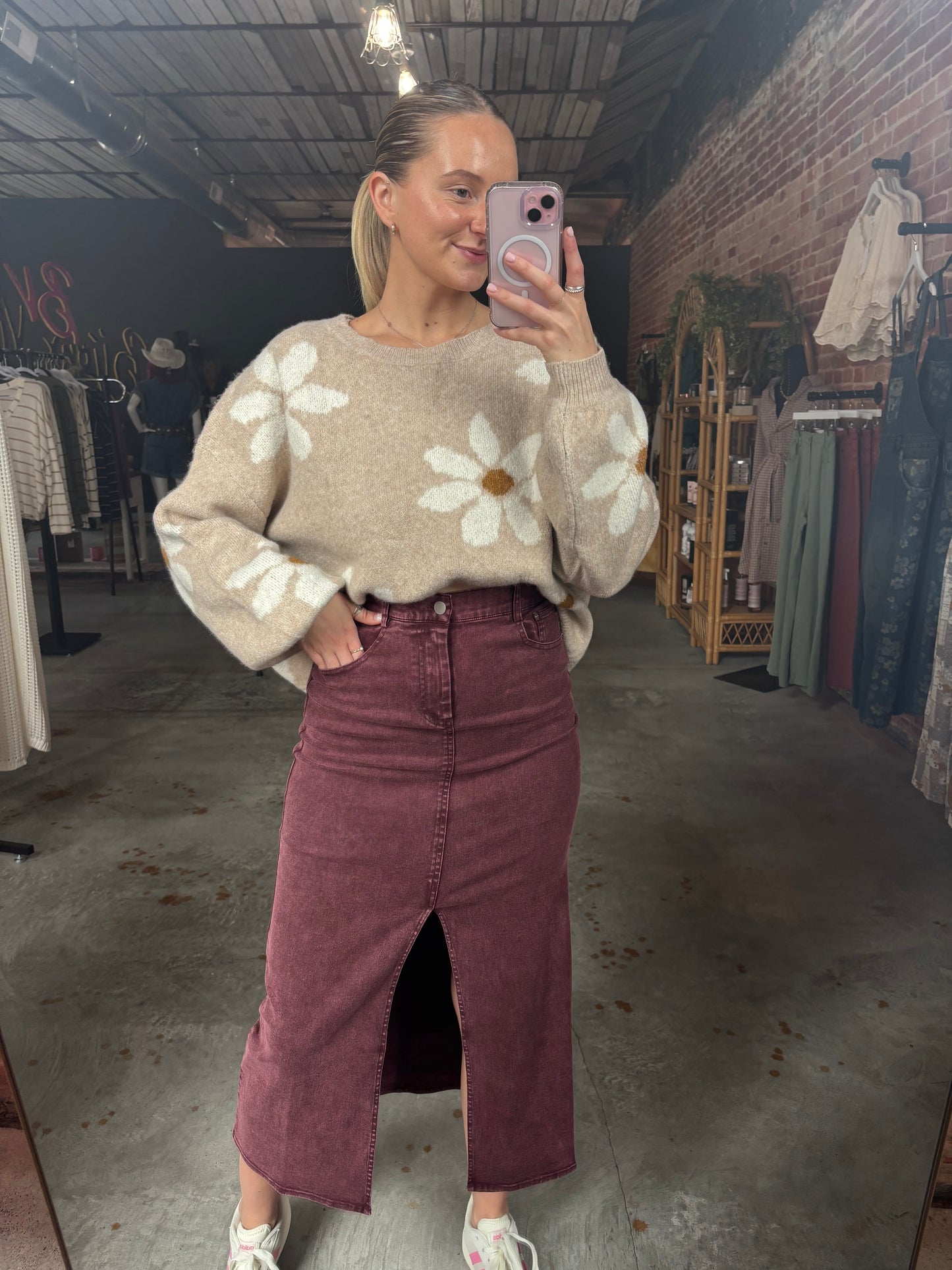 Elastic Waist Twill Maxi Skirt