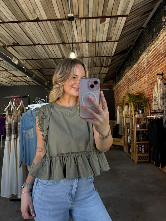 Side Lace Trim Ruffle Hem Top Olive