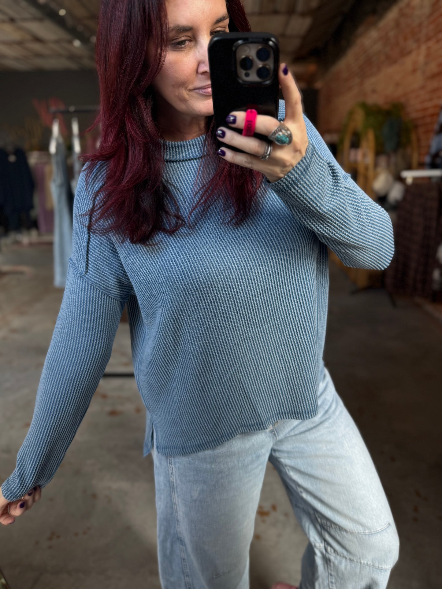 Ribbed Raw Edge Long Sleeve - Dusty Blue