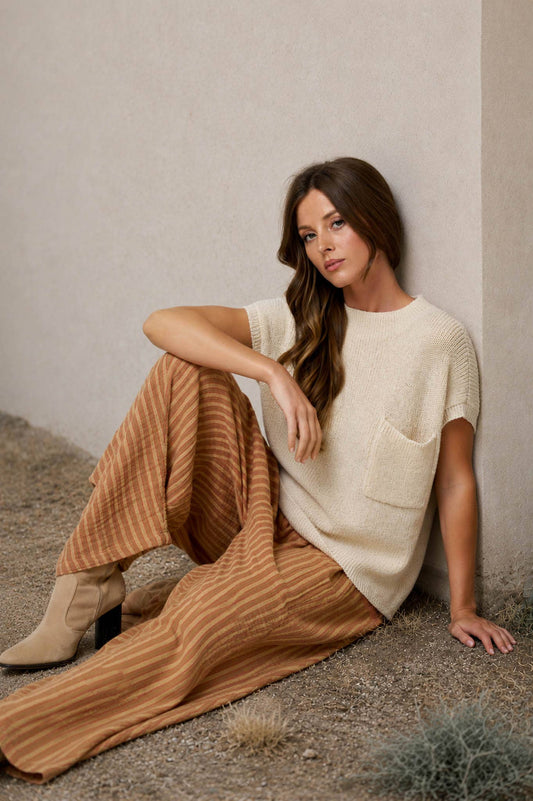 POCKET DETAIL DROP SHOULDER SHORT SLEEVE SWEATER : OATMEAL