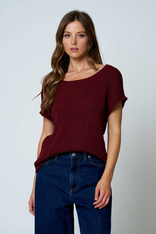 CREW NECK RAW SLEEVE RELAXED SWEATER KNIT TOP: BURGUNDY