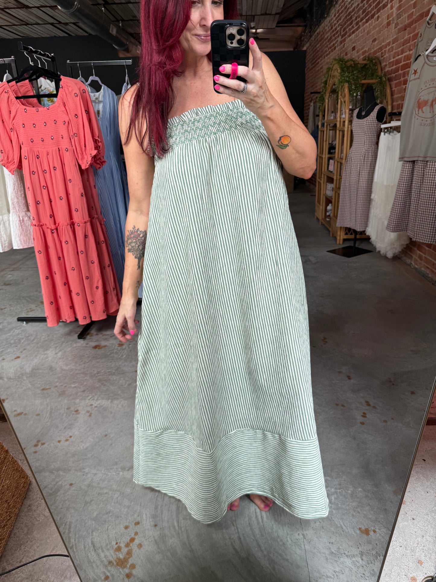 Embroidered Smocked Striped Tunic Maxi Dress
