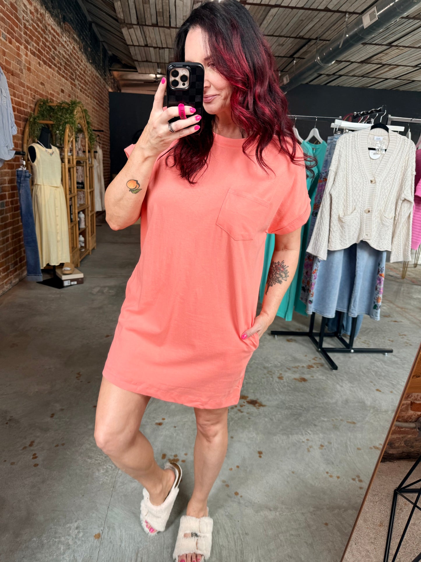 Rolled Sleeve Pocket Dress - Coral