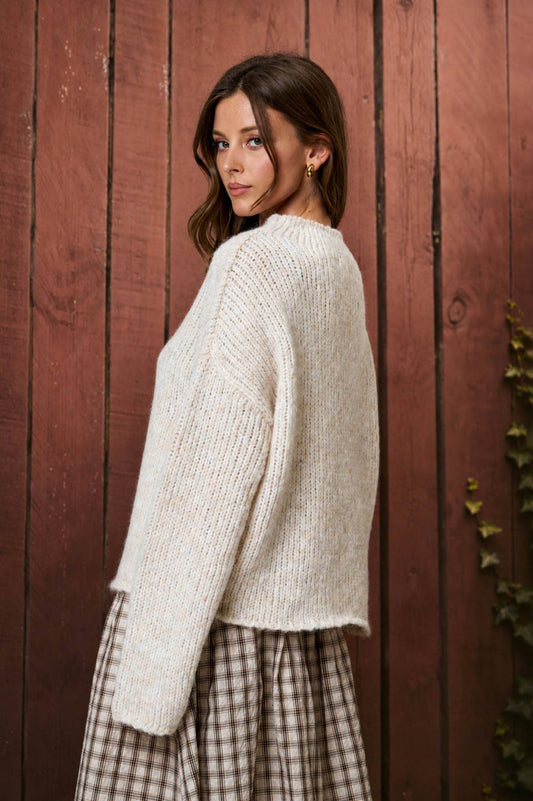 MOCK NECK LONG SLEEVE OVERSIZED KNIT SWEATER (PRE-ORDER): IVORY