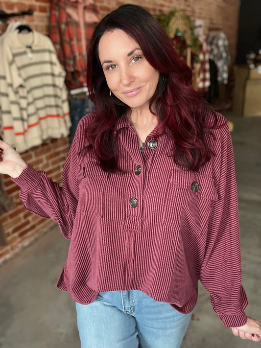 Oversized Collared Button Up - Wine