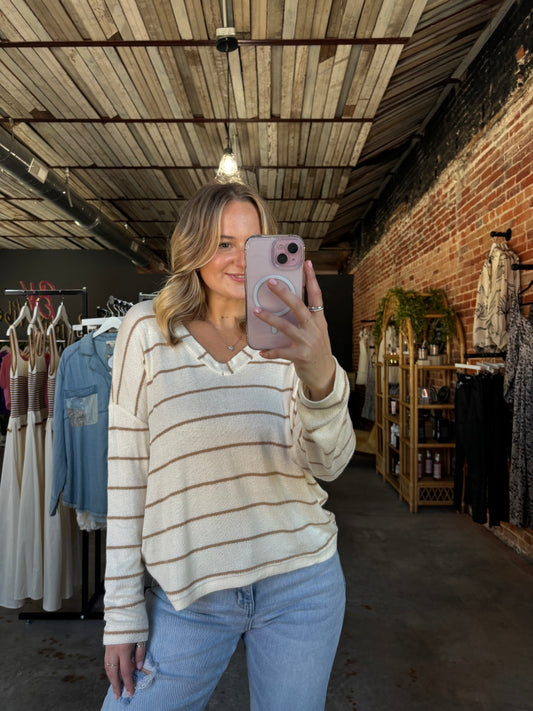Striped V Neck Top - Cream