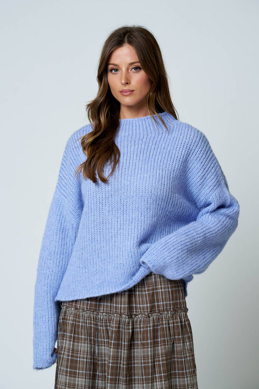 MOCK NECK LONG SLEEVE OVERSIZED KNIT SWEATER (PRE-ORDER): DUSTY BLUE